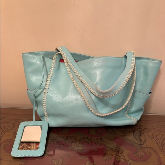 Price Drop: Gorgeous Vintage, NEVER USED Top Quality Turquoise Leather Satchel - Picture 2 of 8
